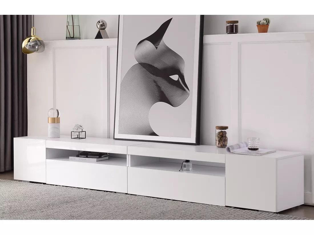 Meuble TV 240cm avec LED variable - style contemporain - Blanc
