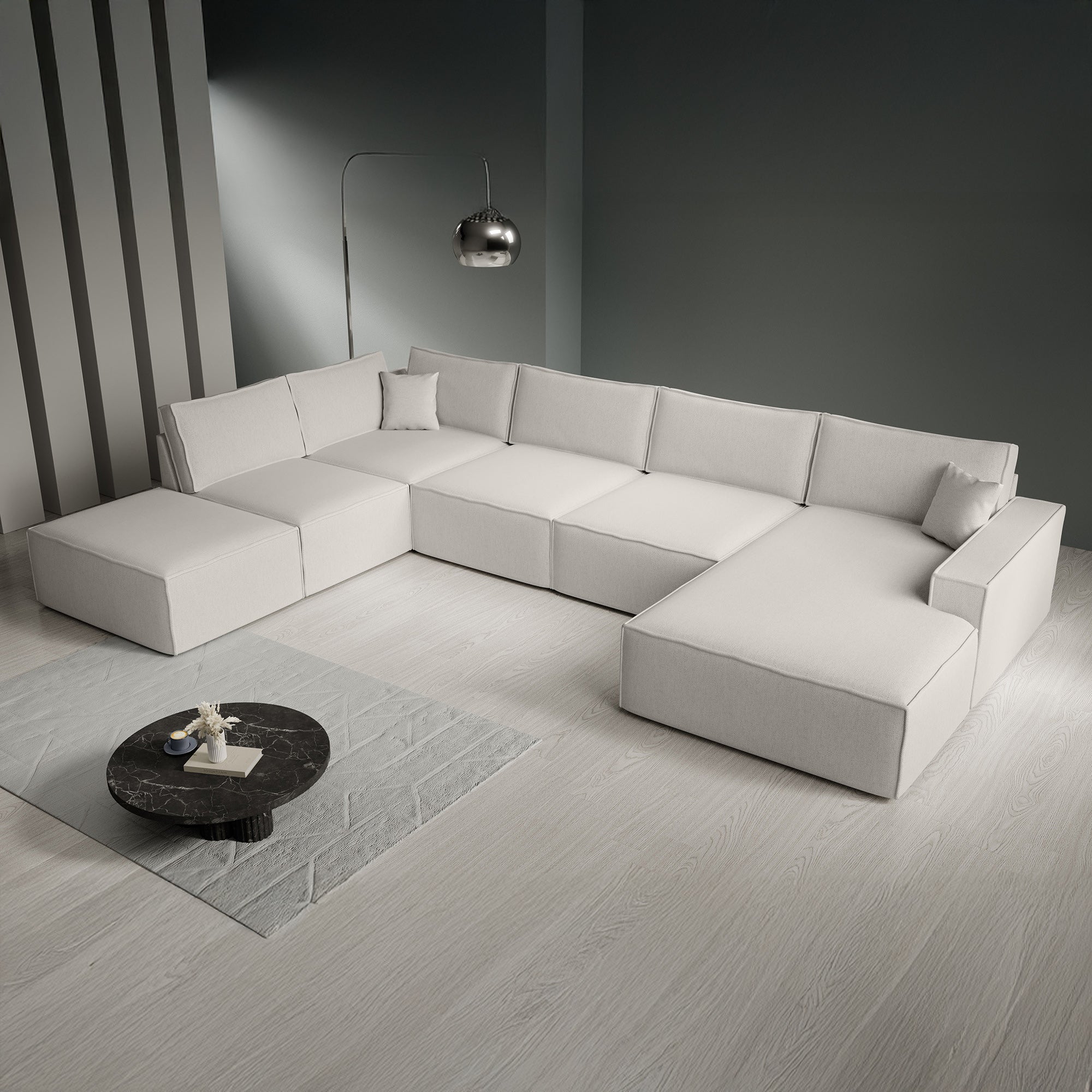 Manolo - Hoekbank 5-zits met chaise longue - Stof beige - Rechts