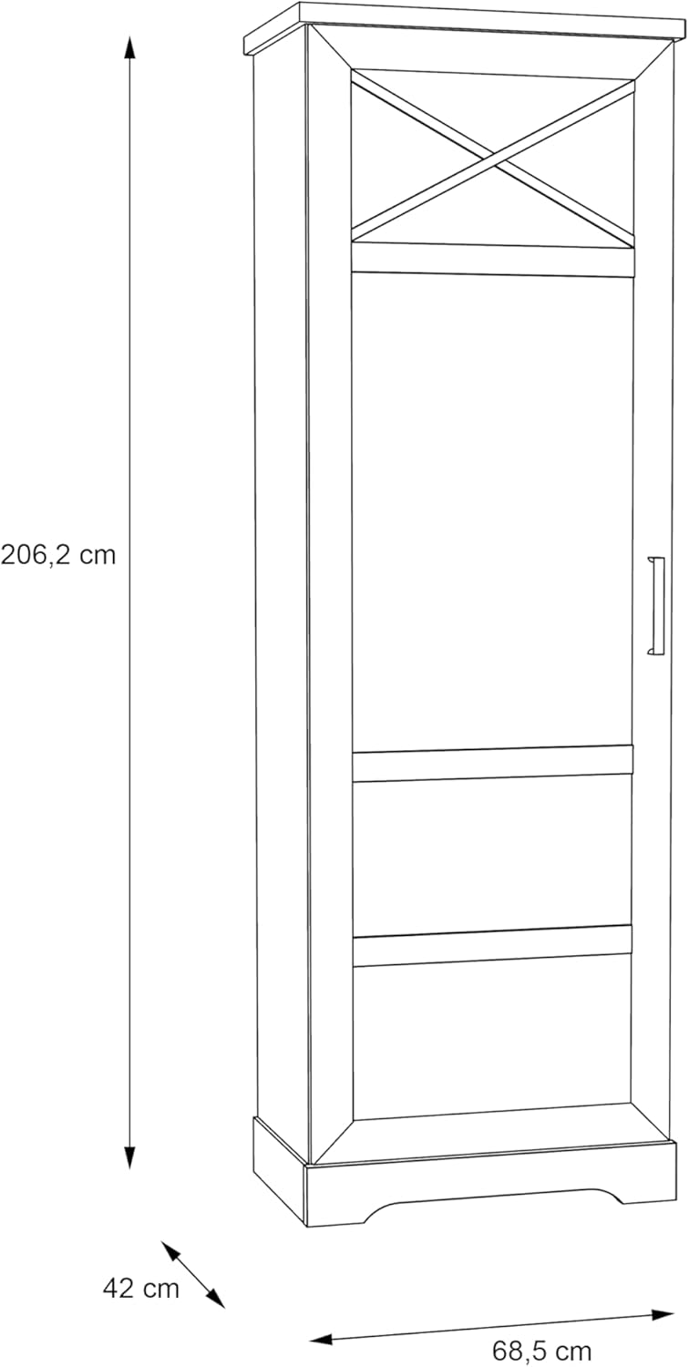 Forte ROCKHAMPTON Vitrine 70, Wohnzimmervitrine modern, Vitrinenschrank weiß, Linksseitige Vitrine mit 2 Türen, Holzwerkstoff, Pinien Holzdekor/Weiß, 68,5 cm breit x 206,2 cm hoch x 42 cm tief
