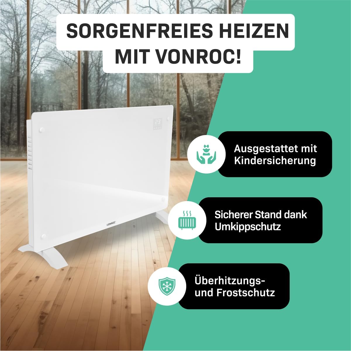 VONROC Elektroheizung energiesparend 2000W - Konvektor Heizung [24qm Räume] - Mobile Elektrische Heizung [App/Touch Steuerung] - Heizkörper 2in1 Wand-/Bodenmontage - Weiss