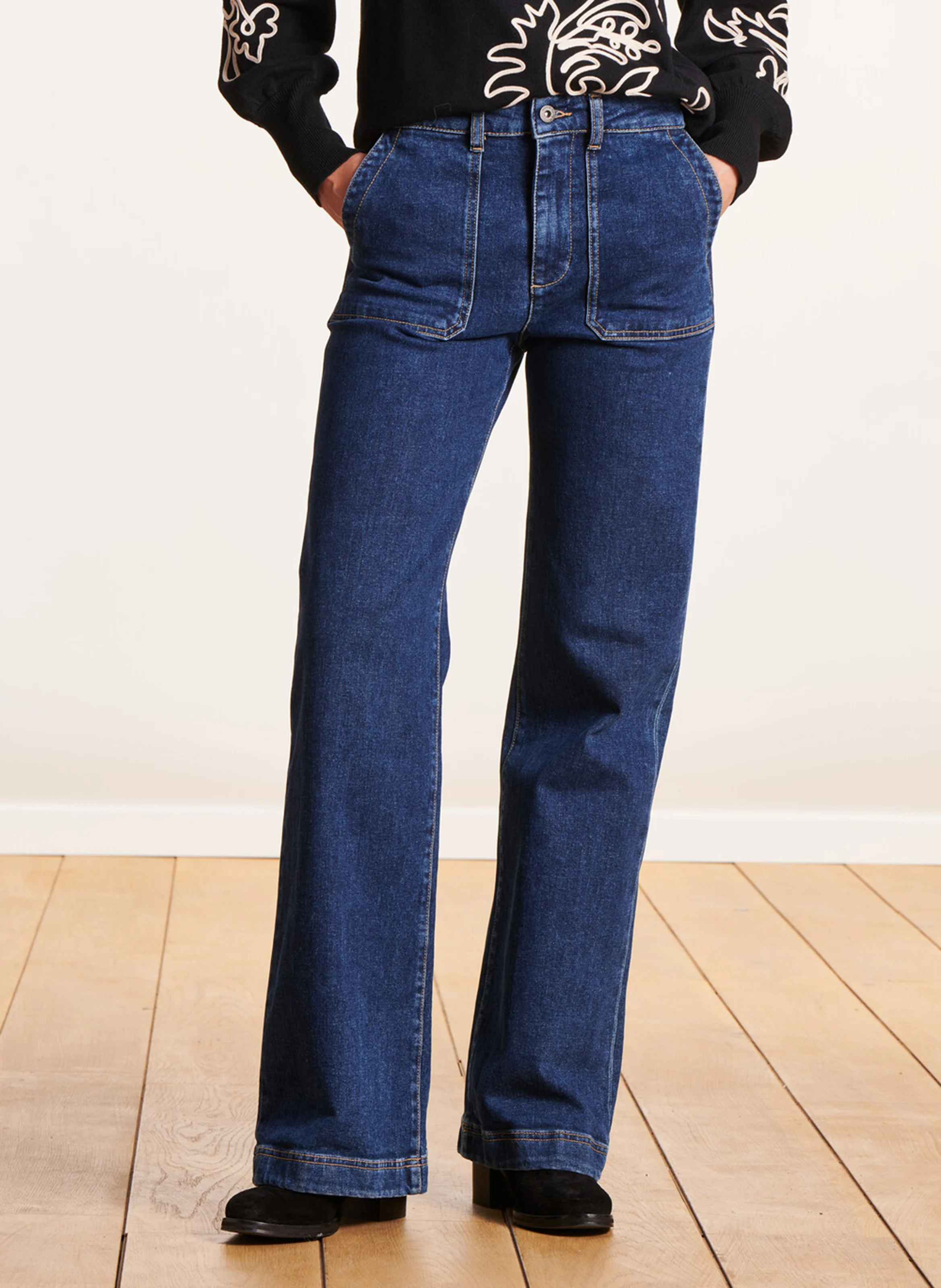 Jean large taille haute en coton bio mélangé | Bleu
