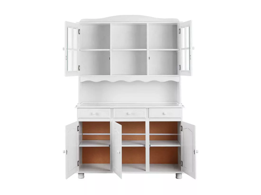 LAURIE - Buffet Vaisselier 5 Portes 3 Tiroirs Bois Massif Vernis Blanc