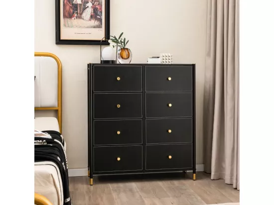 Commode Chambre, Commode Chambre Adulte 8 Tiroirs en Cuir PU et Tissu Pliable, Cadre en Métal, Chiffonnier Moderne avec Poignée Doré, Commode Rangement pour Salon, Entrée, Noir (8 Tiroirs)