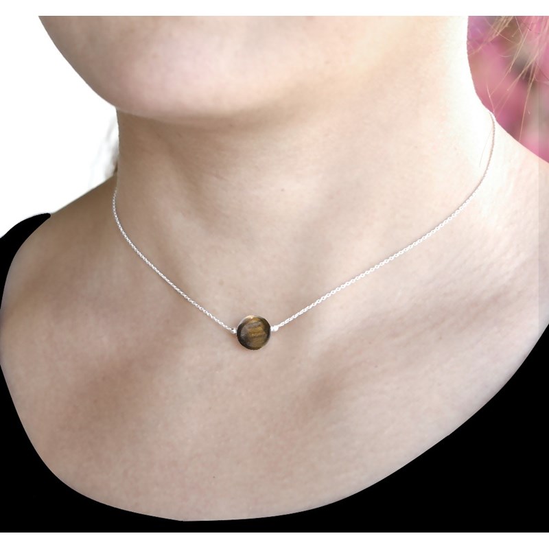 Collier ras du cou en argent 925 rhodié avec pierre naturelle 10mm - Oeil de tigre