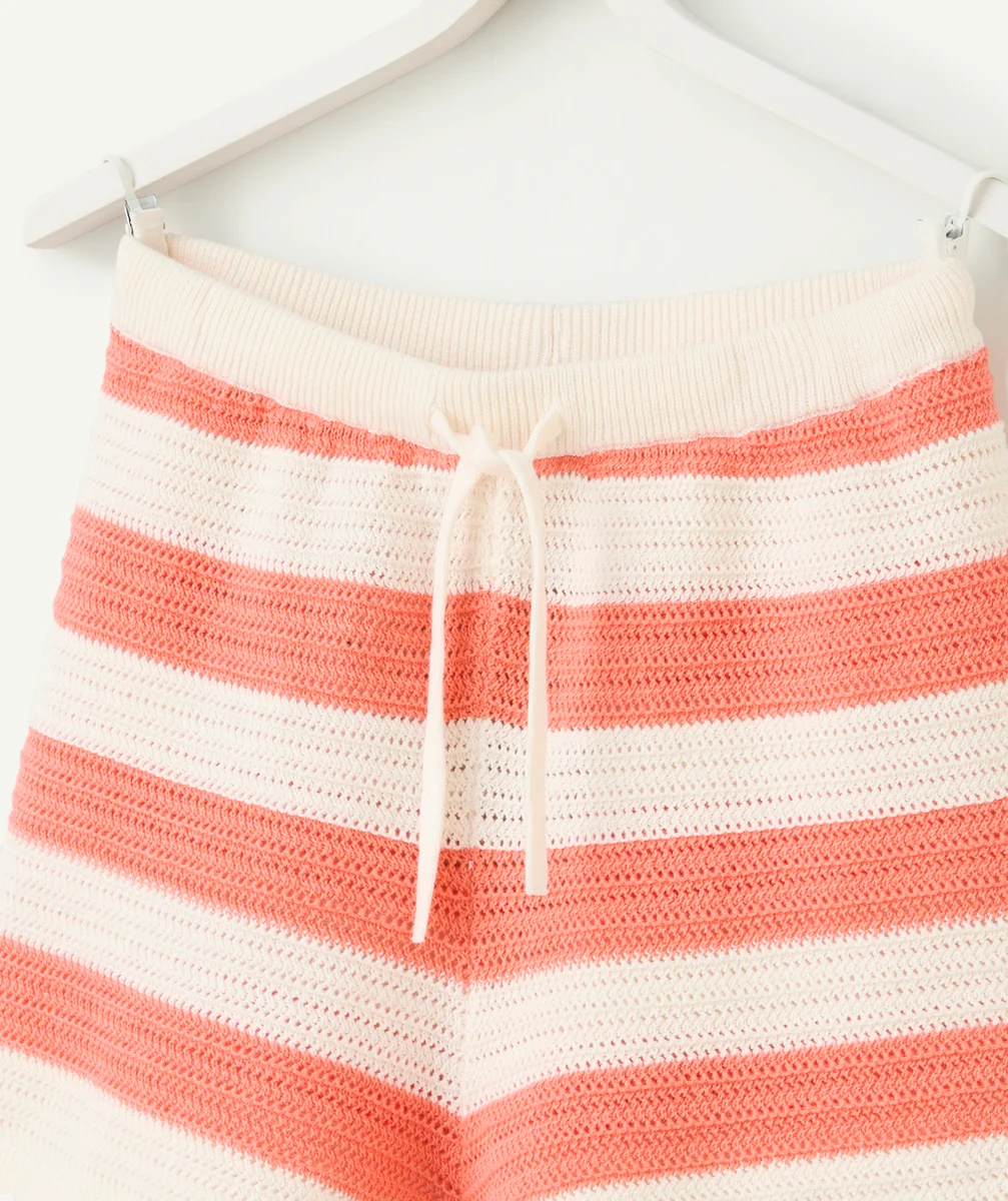 short tricot fille en coton bio rayé corail et blanc