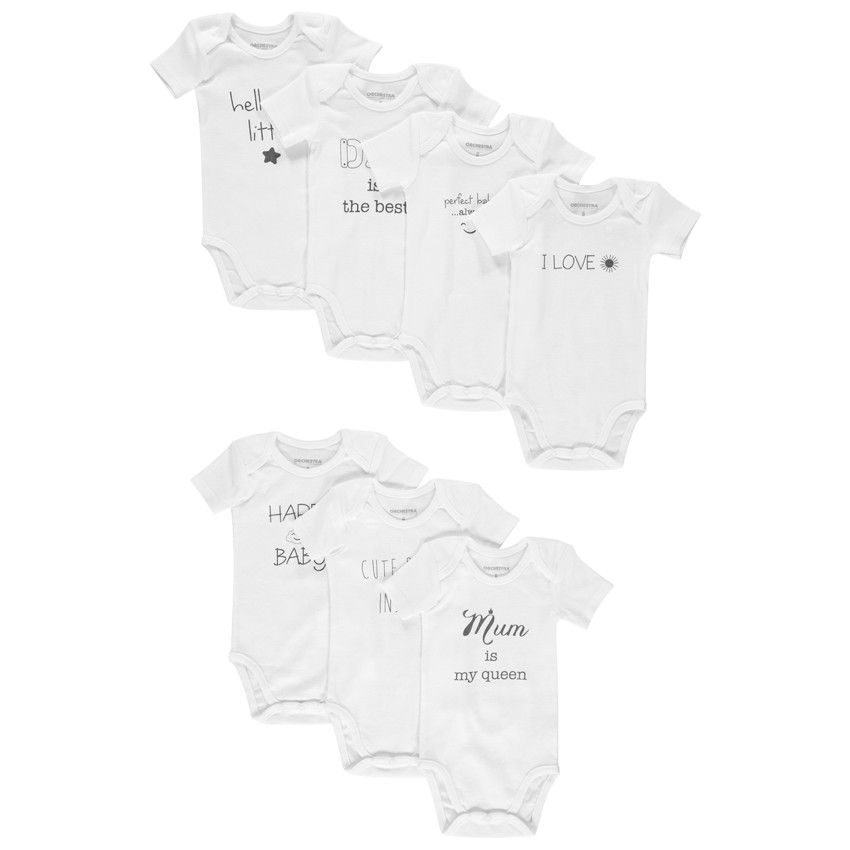 Lot de 7 bodies manches courtes à message printé - Blanc