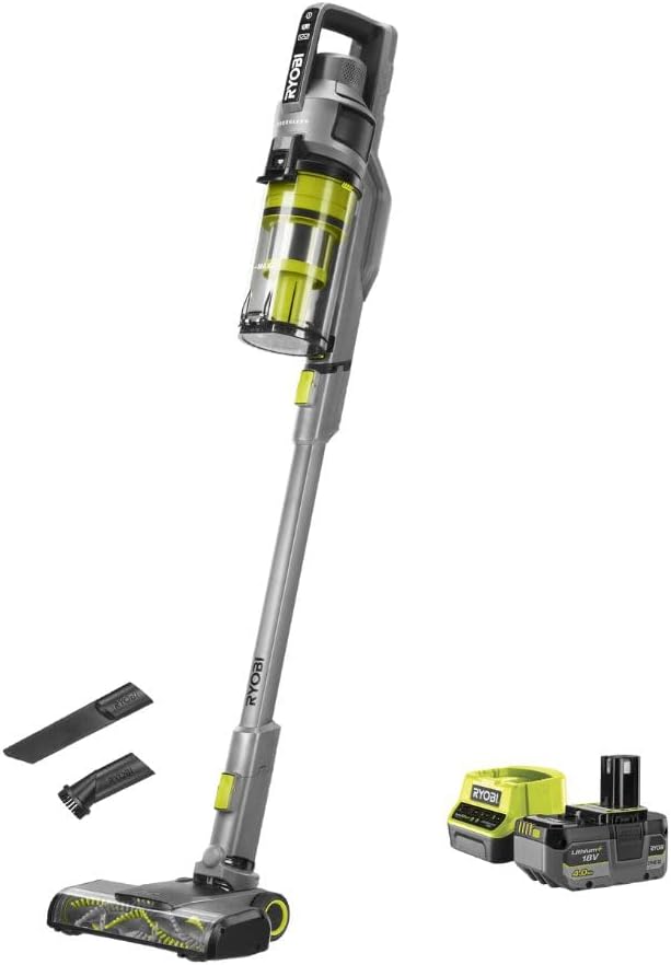 RYOBI 18 V ONE+ Brushless Akku-Staubsauger RSVS18BL-1C40G, 90 AW Saugleistung, bürstenloser Motor, inkl. 4,0 Ah Akku und 2,0 A Ladegerät, Anthrazit