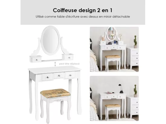 Coiffeuse Table de Maquillage avec Miroir Ovale Pivotant à 360°, 5 Tiroirs Finition Peinte, avec Tabouret Rembourré Finition Peinte, Facile à Monter (Blanc)