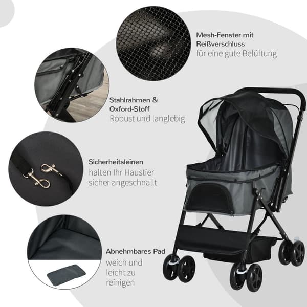 Dog Buggy Elegant Hundevogn For Små Hunder Og Katter, Kjæledyrvogn, Kattevogn, Oxford, Mørkegrå, 76,5X52X95Cm
