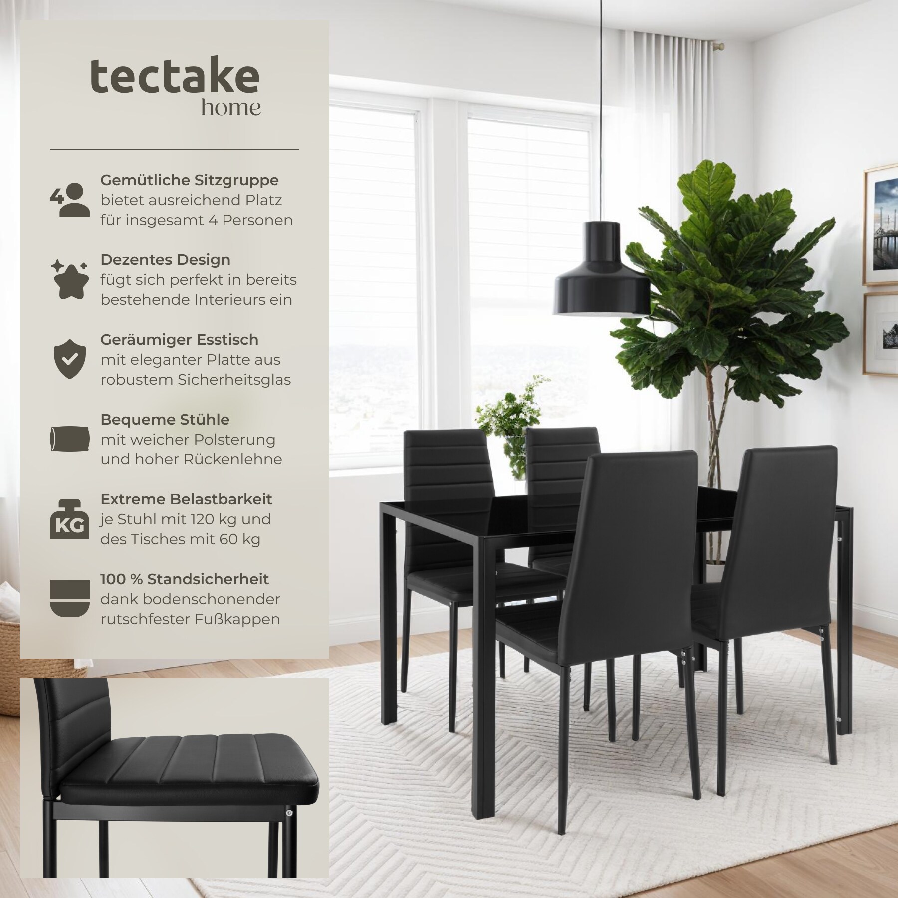 tectake® Esszimmergruppe, 5-teilig, gepolstert mit Kunstlederbezug, bodenschonende Kunststoffkappen