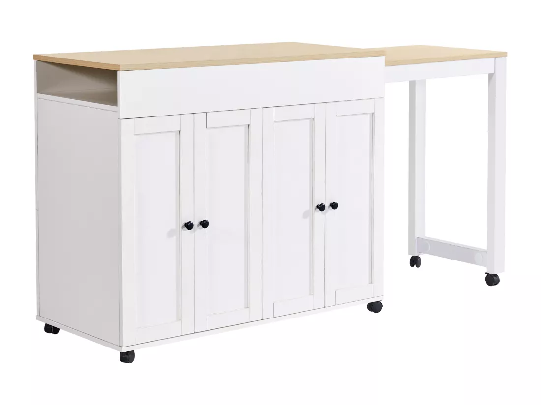 Ilot central de cuisine avec 4 portes - Plateau extensible - 118(180)x46x94 cm - Blanc+naturel