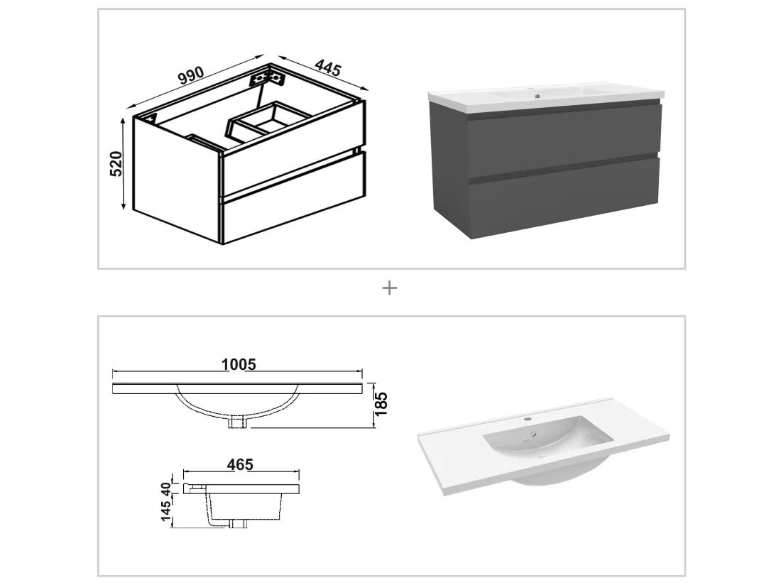 Ensemble meubles salle de bain 100cm simple vasque + miroir Anthracite, Aica