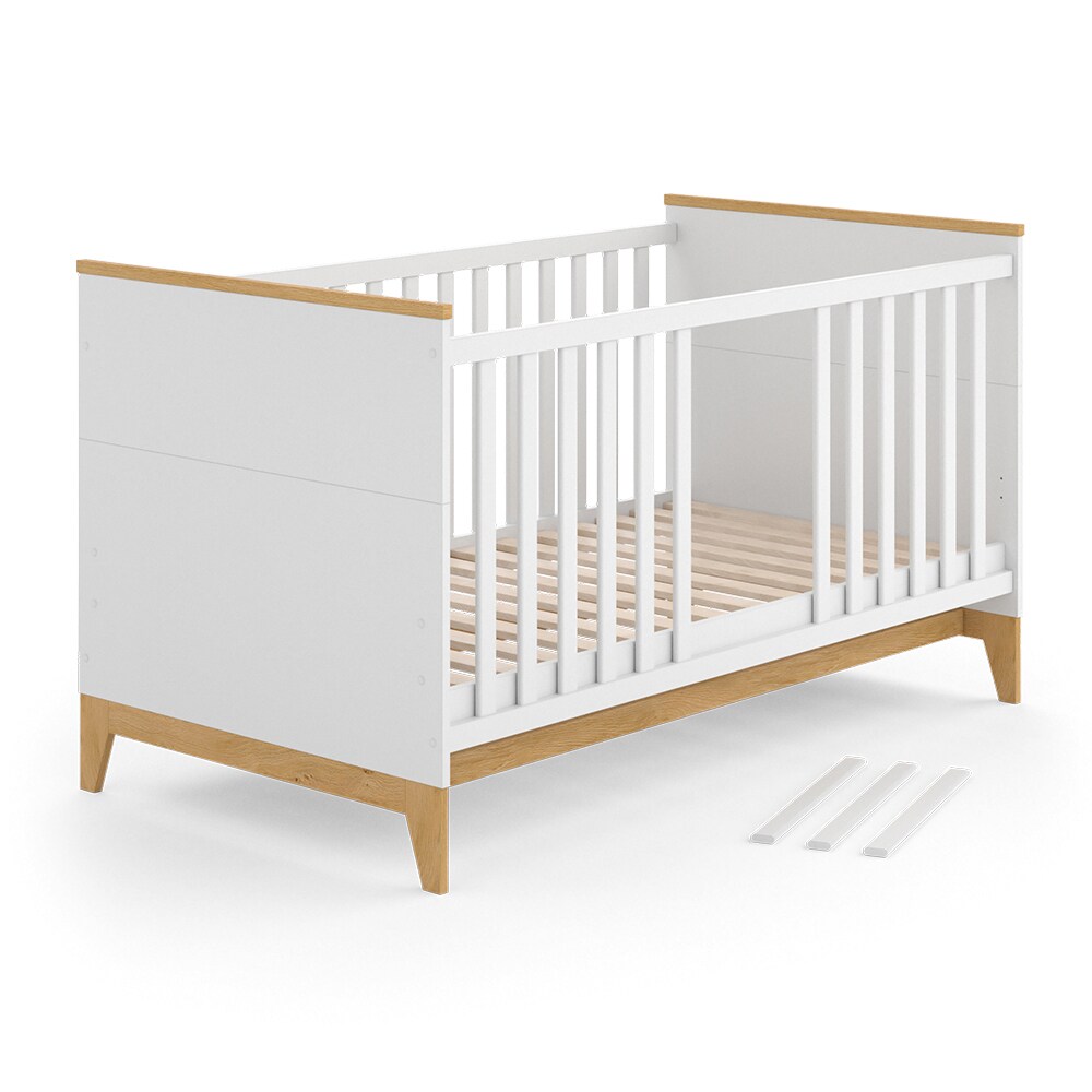 VitaliSpa Kinderbett Babybett Juniorbett Malia Weiß Eiche modern 70x140 cm Kinderzimmer Bett Babyzimmerbett Kindermöbel Babymöbel Schlupfsprossen Lattenrost Rausfallschutz Einzelbett