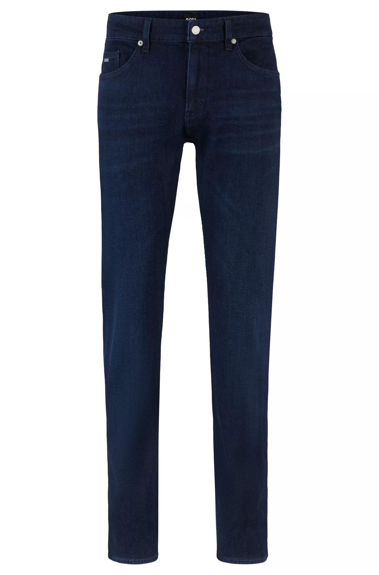Calça jeans BOSS preta, corte slim, em denim italiano supermacio azul-escuro.