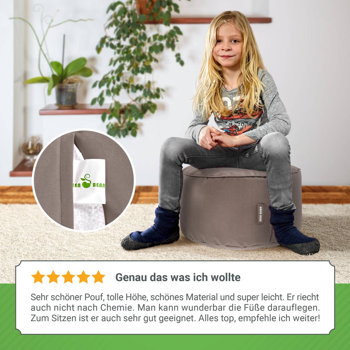 Green Bean Zitzakkruk 45x25cm met EPS-korrelvulling - Voetenbank, Voetkussen, Zitpoef voor Zitzakken - Vloerkussen voor Kinderen en Volwassenen - Voetsteun, Zitkussen, Kruk, Khaki