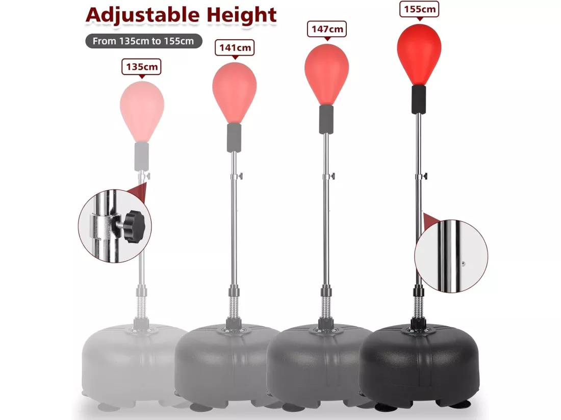 Punching Ball, Ballon de Vitesse, avec 6 tasses d'aspiration, hauteur réglable 135-155 cm, pour Enfants/Adultes - 47,5x47,5x155cm