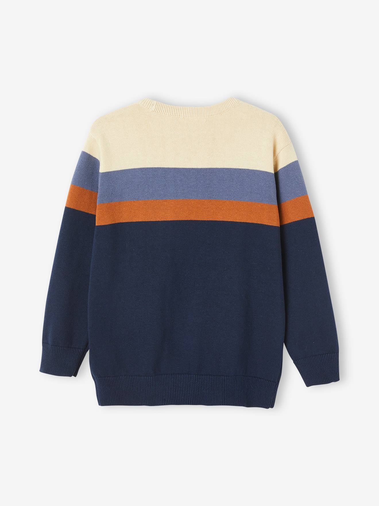 Suéter de malha fina com listras largas para meninos, bege claro, liso com estampas.