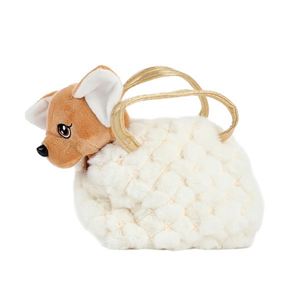 Plüschhund Chihuahua in einer Plüschhandtasche