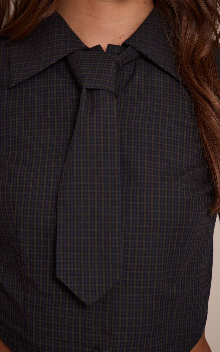 Bleu Foncé Chemise Courte À Carreaux Avec Détail Nœud