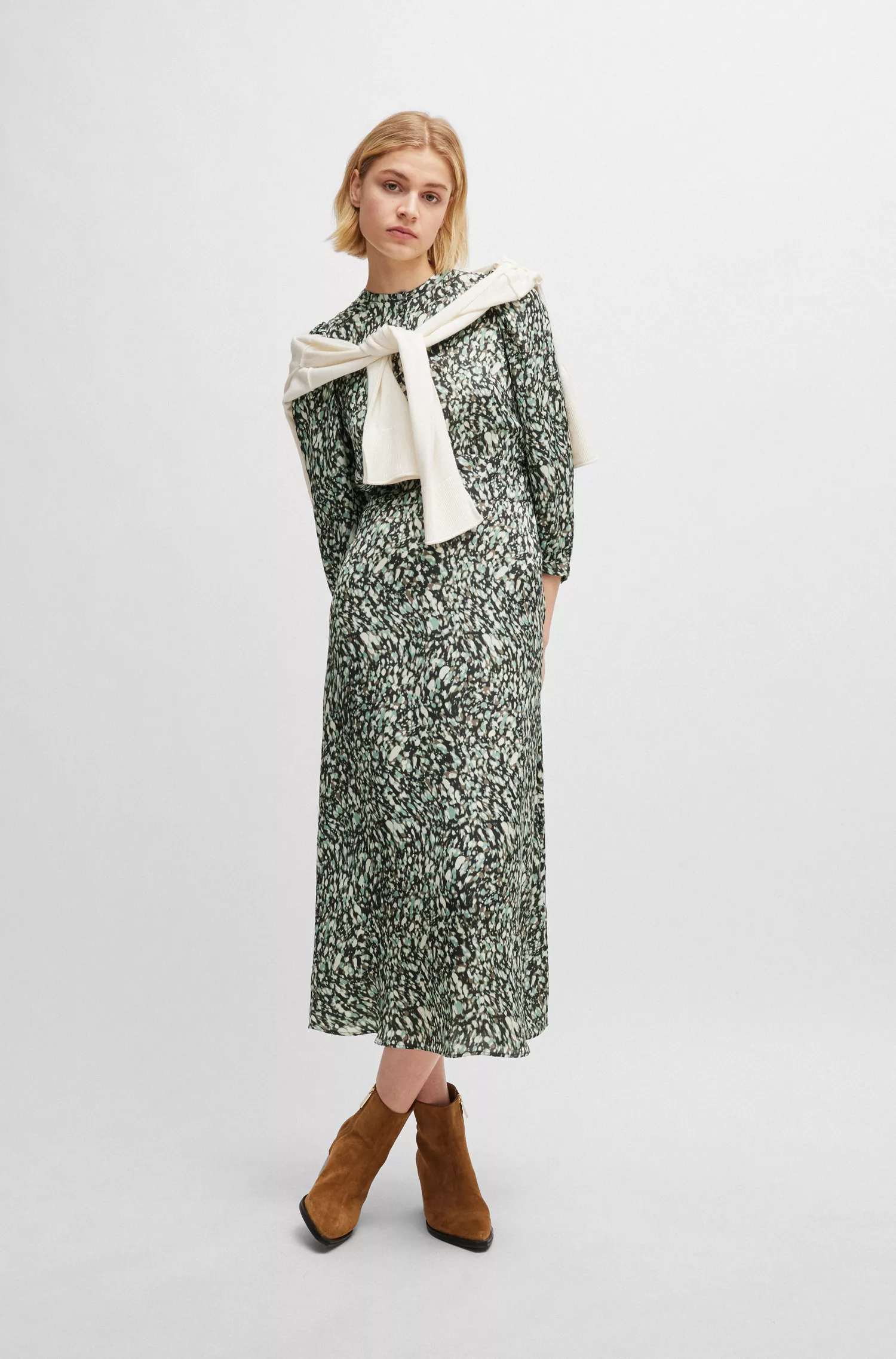 Vestido BOSS laranja de mangas compridas em lona estampada com carcela abotoada.