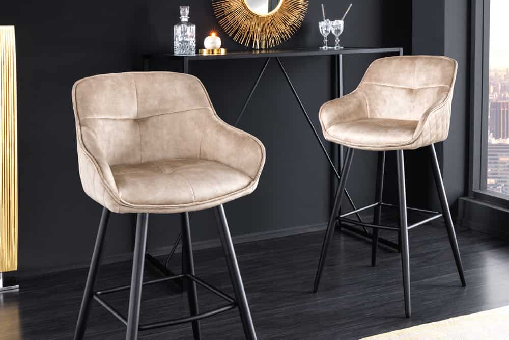 Design Barhocker EUPHORIA champagner greige Samt schwarze Metallbeine Barstuhl mit Lehne