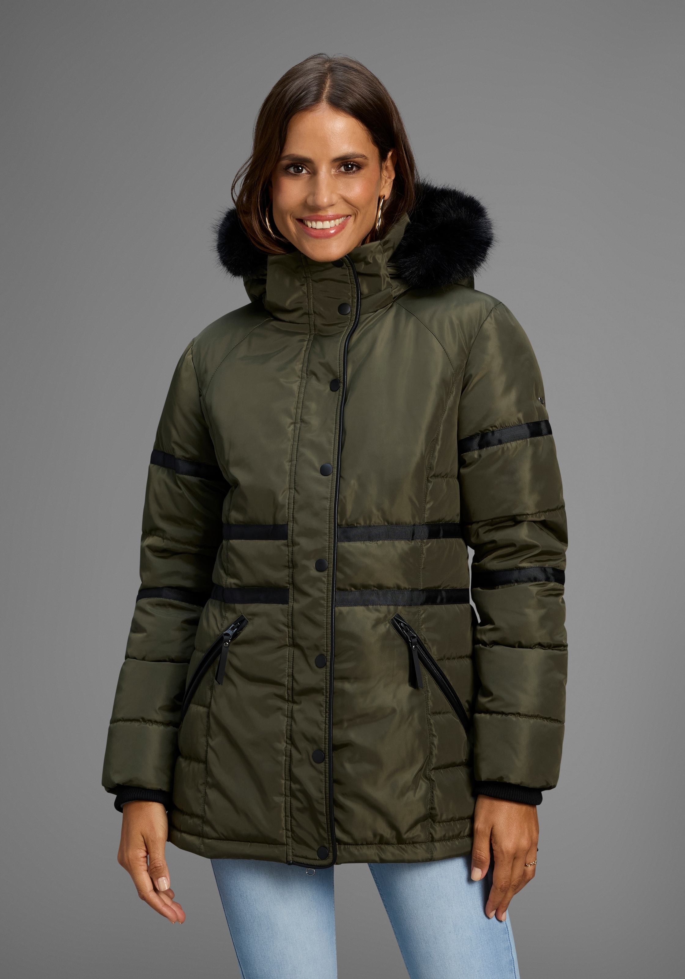 Laura Scott Winterjacke mit Kapuze mit abnehmbarer Kapuze und Fellimitat