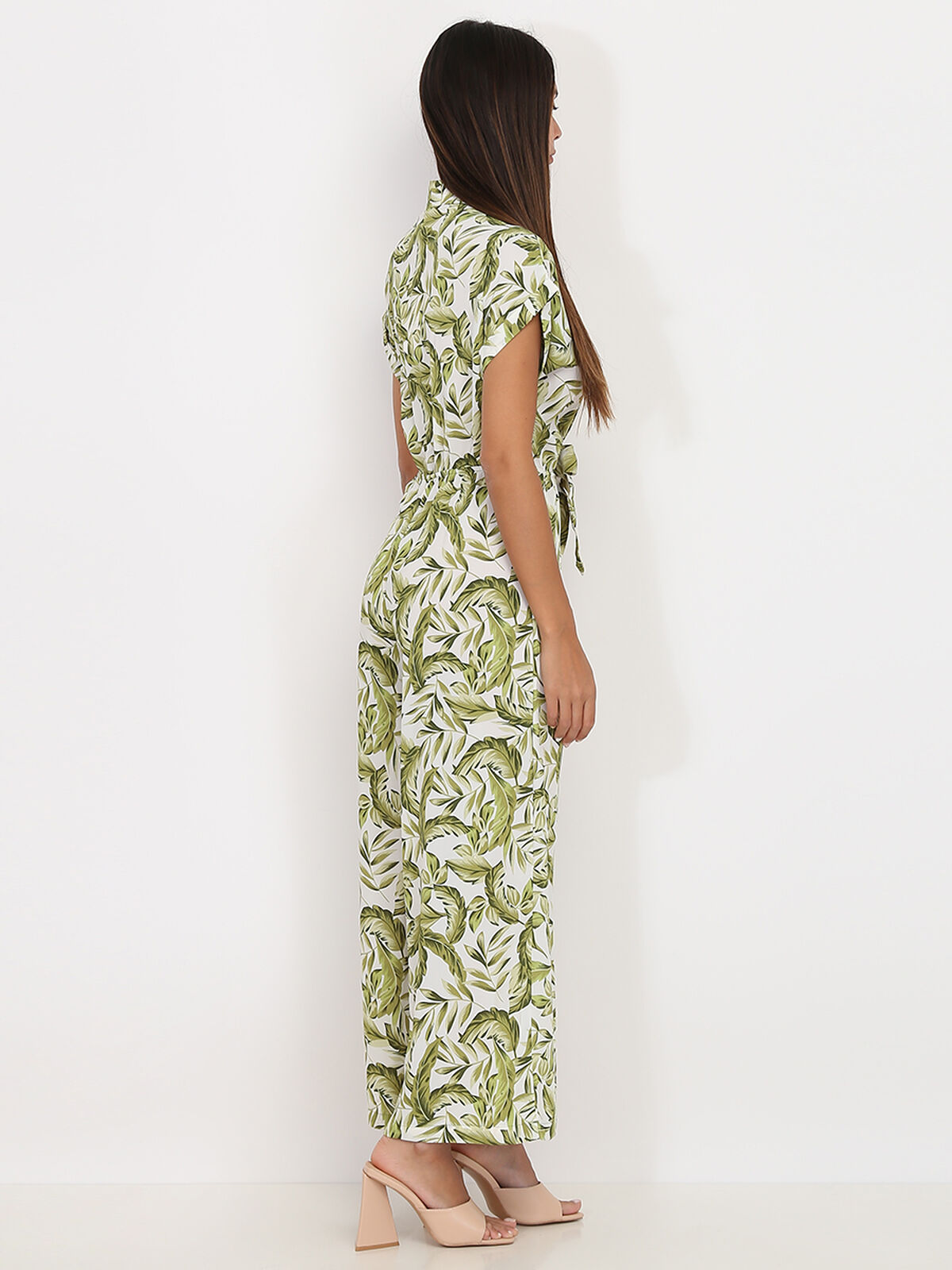 Combinaison fluide à imprimé feuilles- Beige / Vert