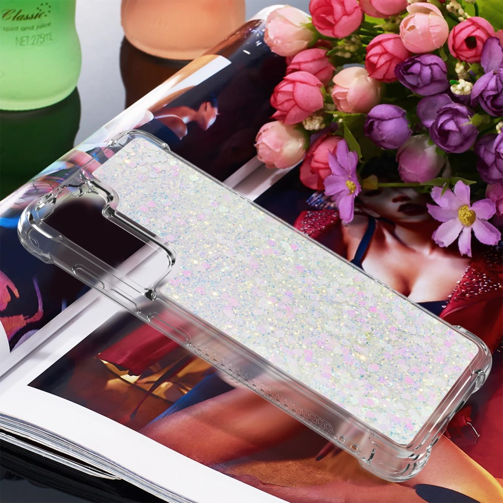 Samsung Galaxy S21 FE 5G Hardcase Hülle mit Air Cushion Fallschutz Liquid Case Glitzer Herzen - Silber/ Rosa / Transparent