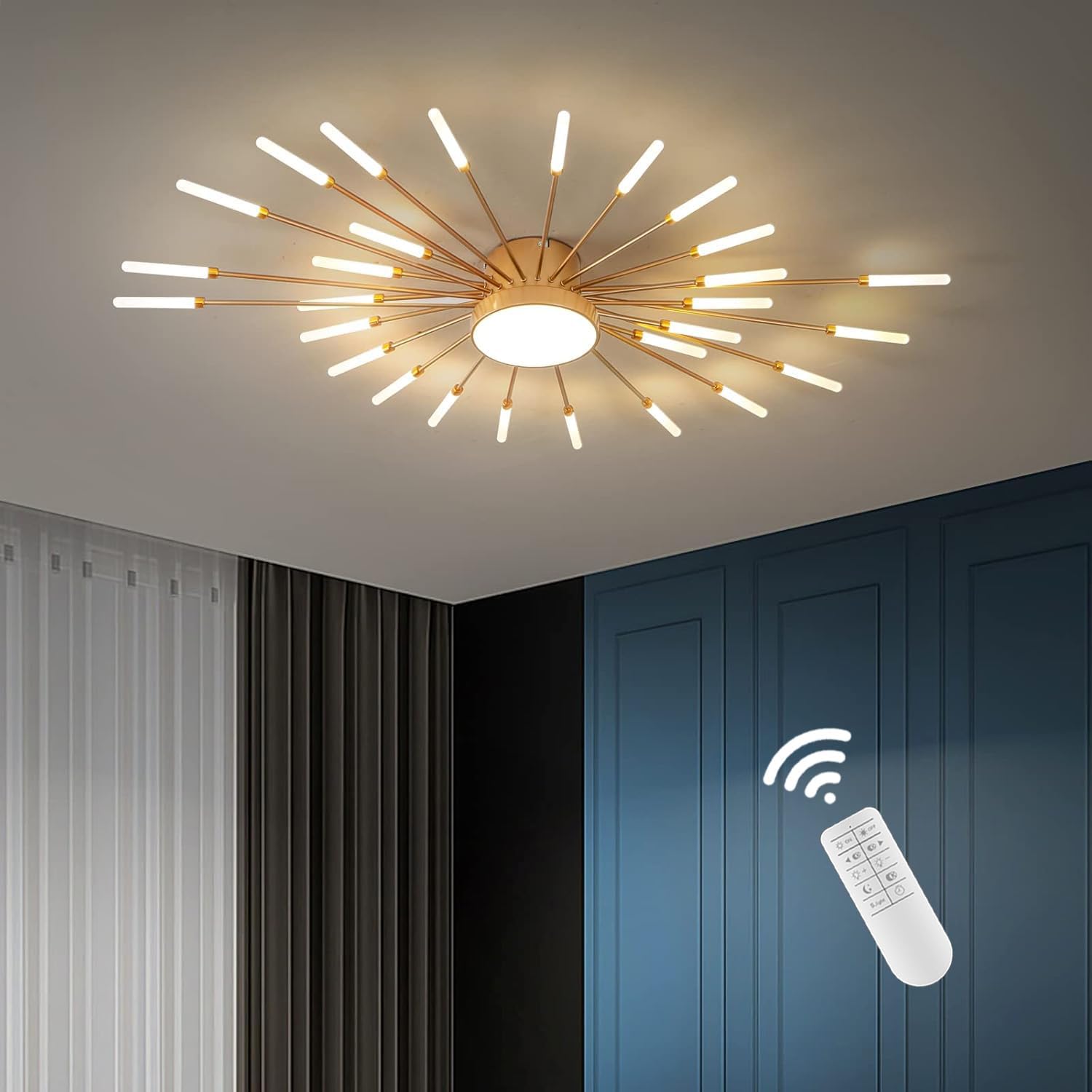 Moderne LED-Deckenlampe,28+1 Köpfe Dimmbar Schlafzimmerlampe,goldene Kronleuchter,Deckenleuchte Für Schlafzimmer,Wohnzimmer,Küche,Esszimmer,Büro,3000K–6000K Mit Fernbedienung