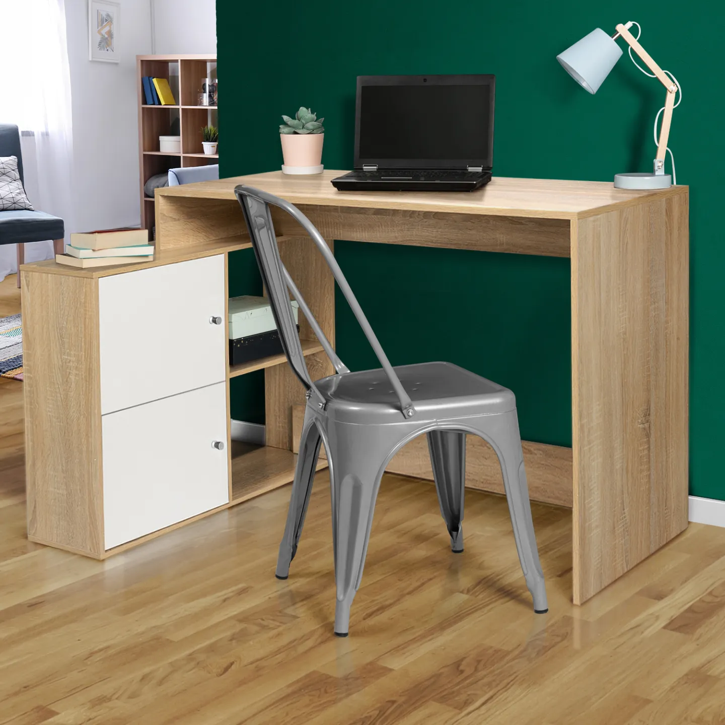Bureau d'angle en forme de L BOB avec portes façon hêtre et blanc