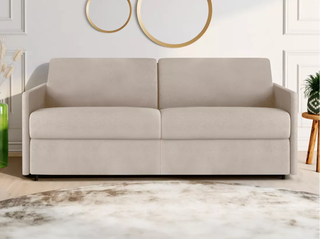 Canapé 4 places convertible express en tissu beige - Couchage 160 cm - Matelas 18 cm CALIFE