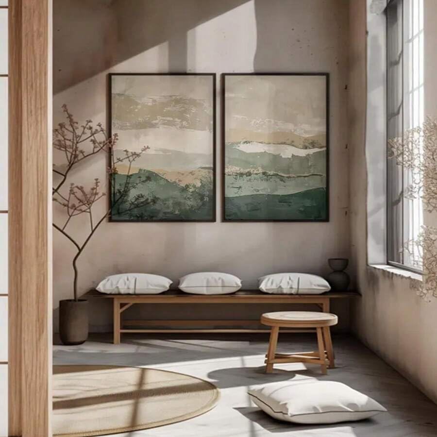 Wabi Sabi abstrakte Wandkunst Poster Set mit 2 Postern, Beige Grün Abstrakte Kunst, Neutrale minimalistische moderne beruhigende Wohnzimmerdekoration (50x70cmx2/Rahmen)