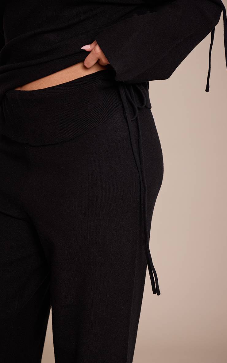 Noir Pantalon Large En Maille Avec Taille Repliée Et Liens Latéraux Plus