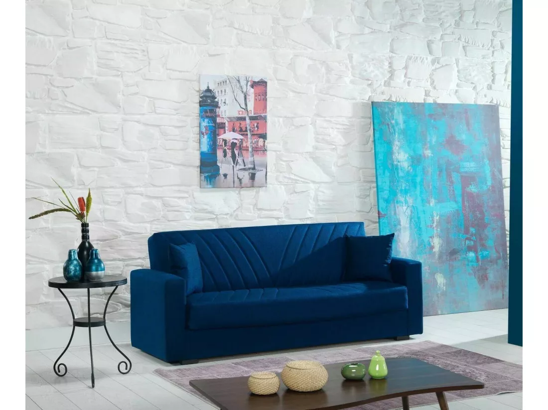 Canapé Jorge, Canapé conteneur linéaire 3 places avec 2 coussins inclus, Canapé de salon en tissu rembourré avec ouverture clic-clac, 214x81h89 cm, Bleu