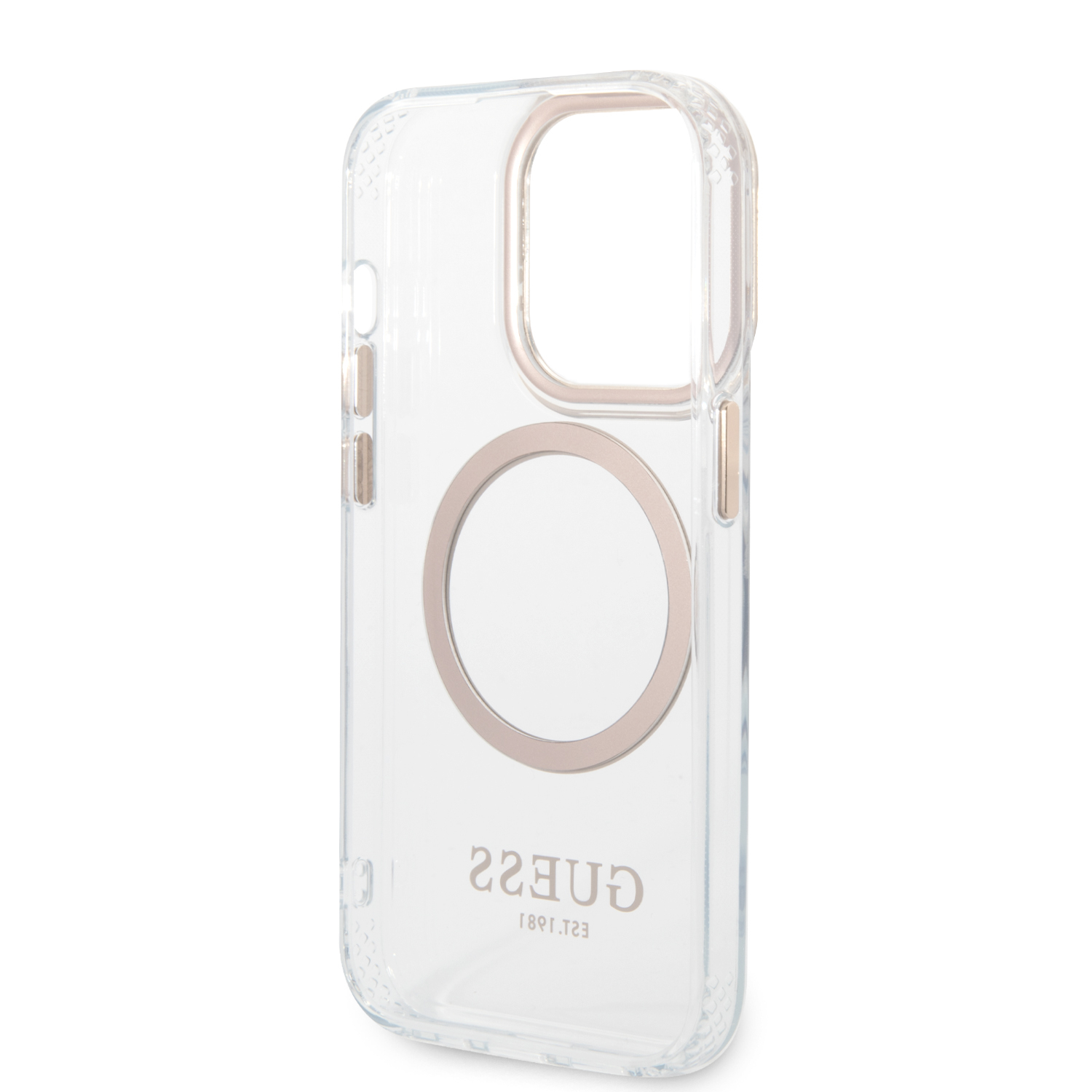 iPhone 14 Pro Max MagSafe Hardcase Hülle Metal Outline (GUHMP14XHTRMD) - Transparent / Gold