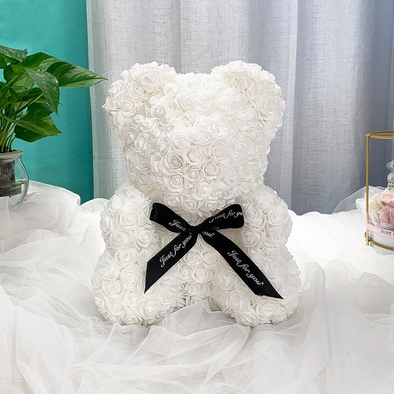 (15x24cm) Romantischer Rosen Bär Künstliche Blumen Deko Teddybär Geschenkidee für Valentinstag / Hochzeit / Geburtstag - Weiss