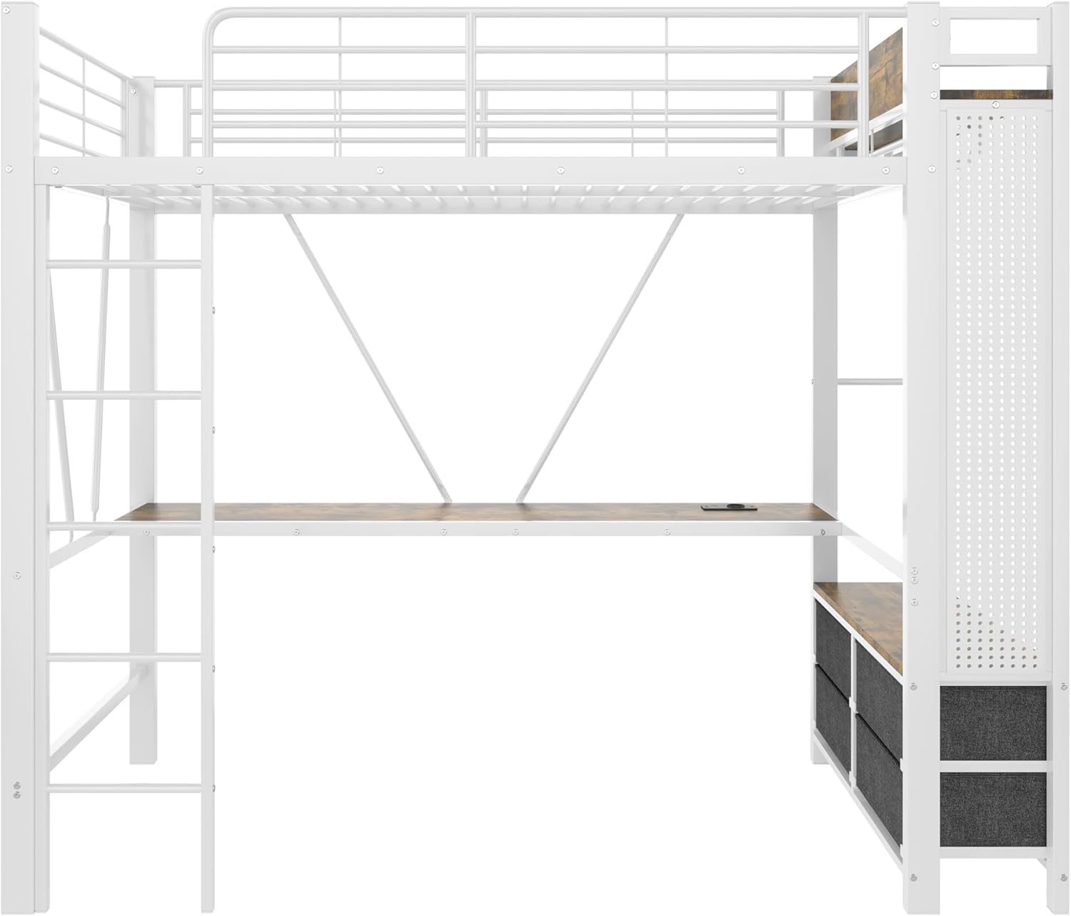 Etagenbett Hochbett 90x200, mit LED Leiste und USB Steckdose, Kinderbett mit 4 Schubladen und Schreibtisch, Trockenstab & Einlegeböden & Lochbrett, Bettgestell mit Rausfallschutz & Leiter(Weiß-C)