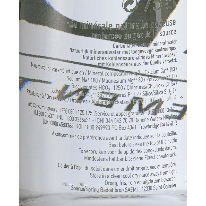 Eau gazeuse Badoit 75 cl - 12 bouteilles Verre