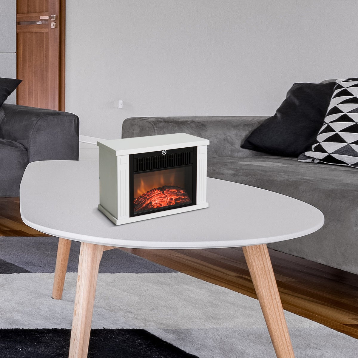 HOMCOM Elektrische Haard, 600/1200W, Vlameffect, Gehard Glas, L34 x B17 x H25cm, Kunststof, Wit