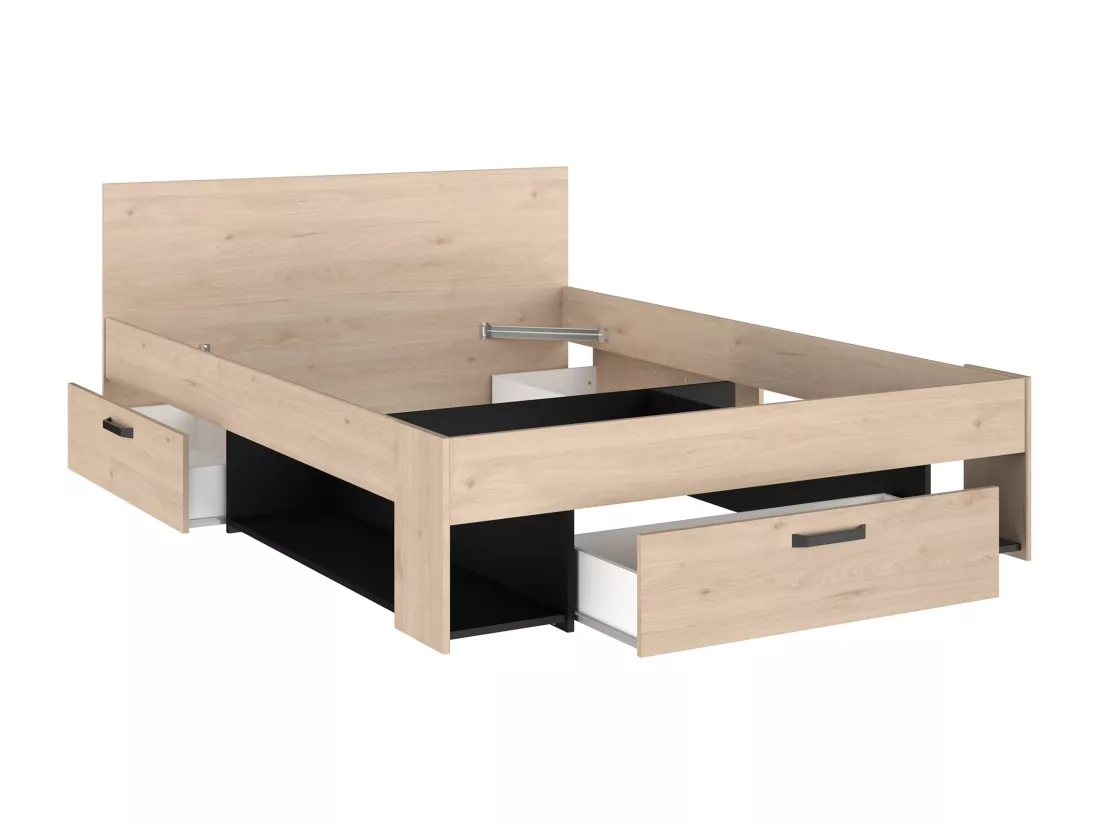 Lit 140 x 190/200 cm avec rangements - Coloris : Naturel et noir + Sommier - KINSELIA