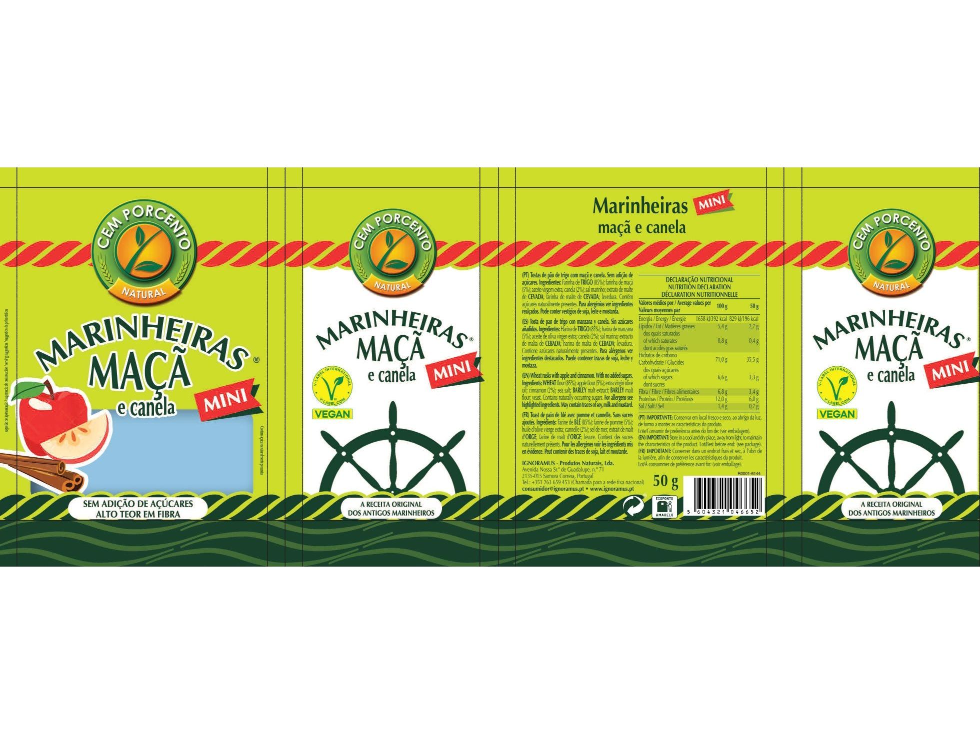 BOLACHAS CEM PORCENTO MINI MARINHEIRAS MAÇÃCANELA 50G