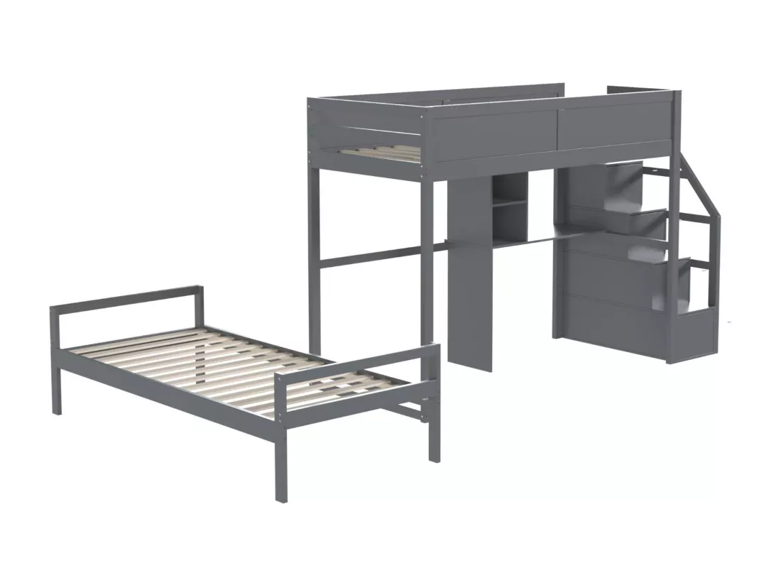 Lit superposé 90x200cm en bois massif - avec escalier de rangement et bureau - Gris