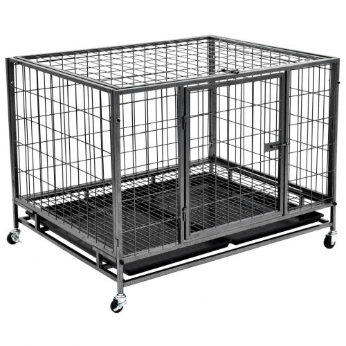 Caixa de transporte preta para cães com rodas.