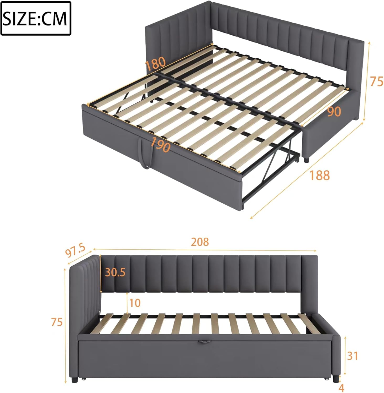 Multifunktionales L-förmiges Schlafsofa mit Ausziehbett 90/180 * 200cm, Polsterbett in Samtstoff, platzsparendes Design für Kinderbett, Gästebett（Ohne Matratze） (dunkelgrau)
