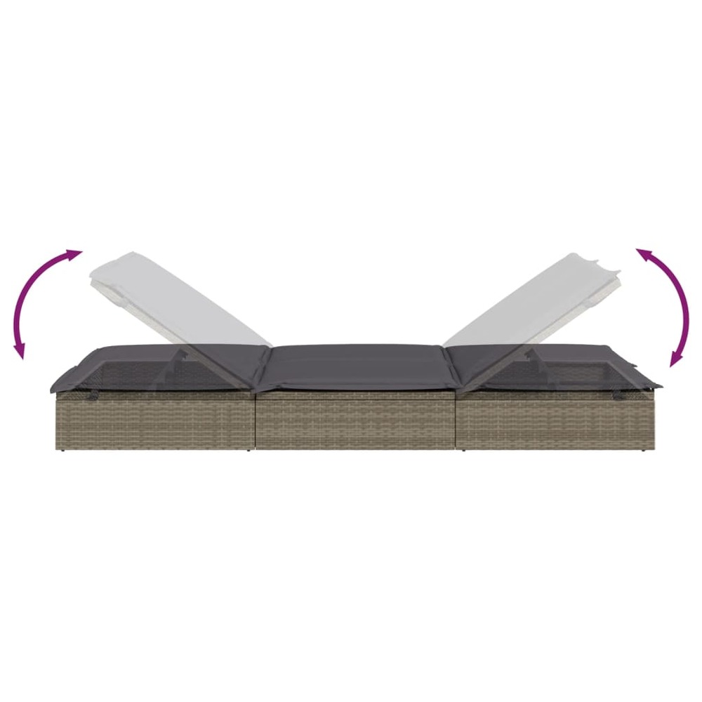 Transat chaise longue bain de soleil lit de jardin terrasse meuble d'extérieur à 2 places avec coussins gris résine tressée 0