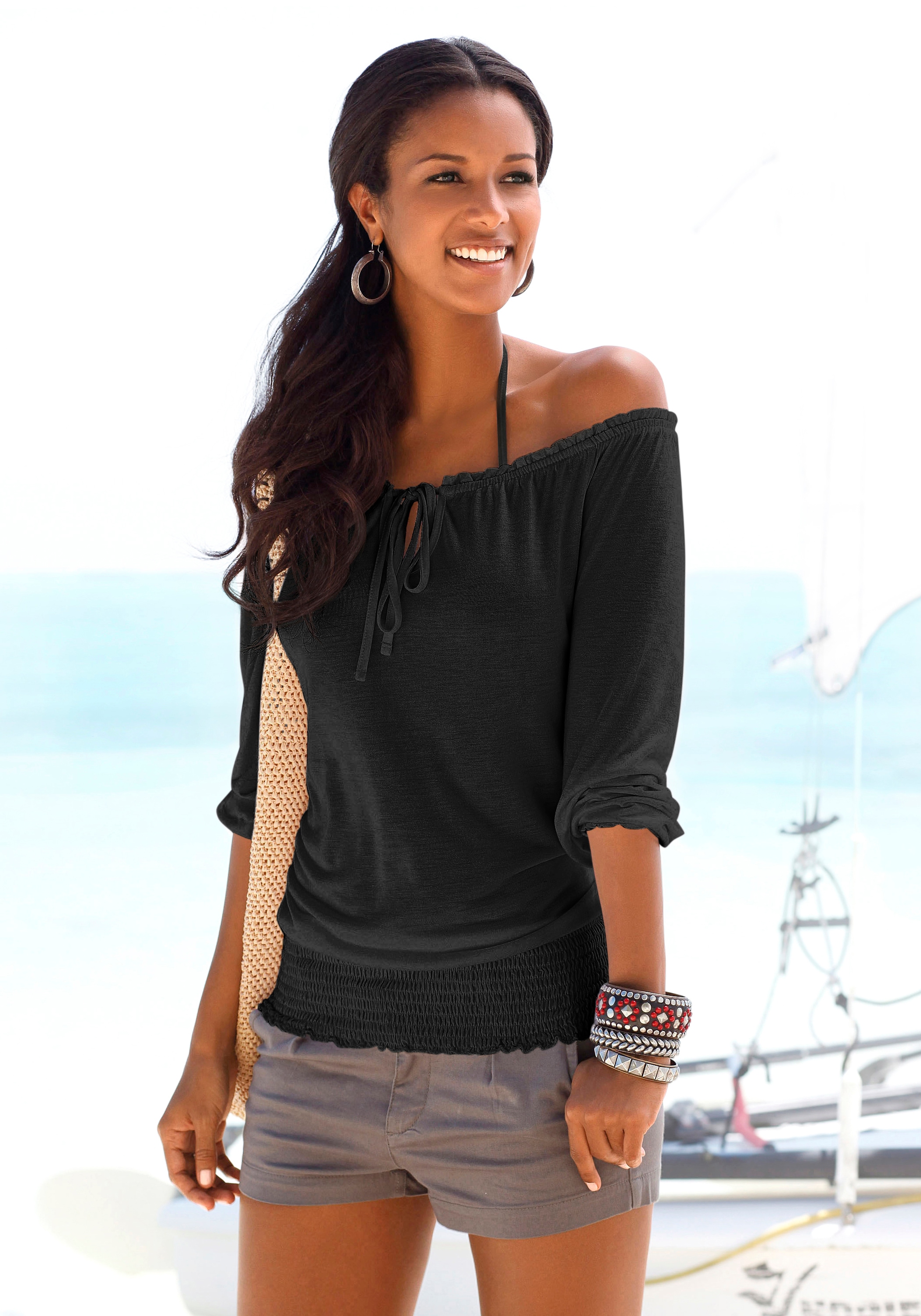 LASCANA Carmenshirt , mit 3/4-Ärmeln, Blusenshirt mit Bindeband und Gummizug