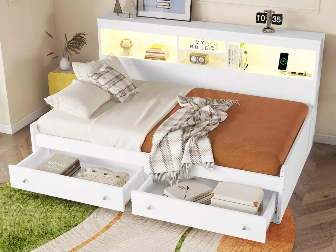 Lit banquette 90x200cm - avec prise USB & 2 tiroirs - sommier à lattes - Blanc