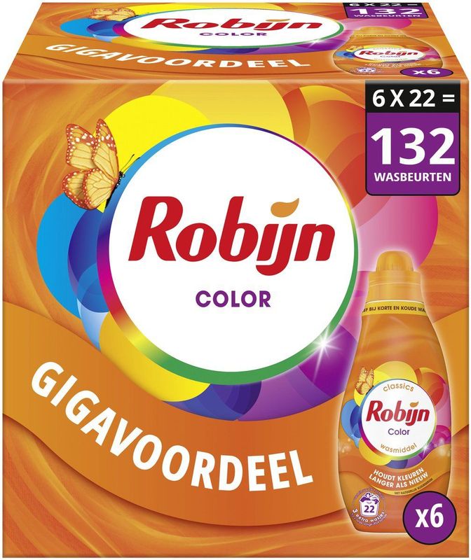 Robijn - Klein & Krachtig Classics - Vloeibaar Wasmiddel - Color - 6 x 22 Wasbeurten