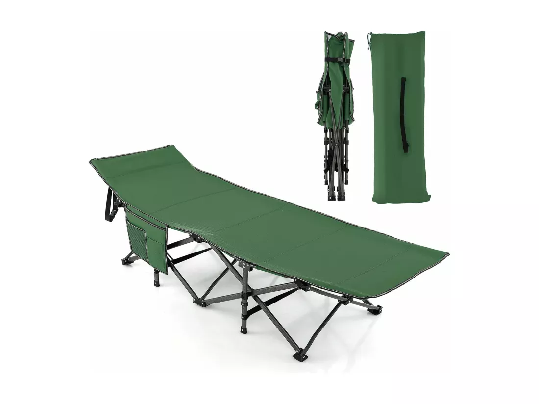 Lit de camping Pliant 1 Personne Portable en Tissu et velours Oxford avec Tube Métal Charge 272kg, Lit de Voyage avec Poche, Appuie-tête Réglable, pour Voyage/Randonnée/Pêche, 190 x 60 x 54 cm