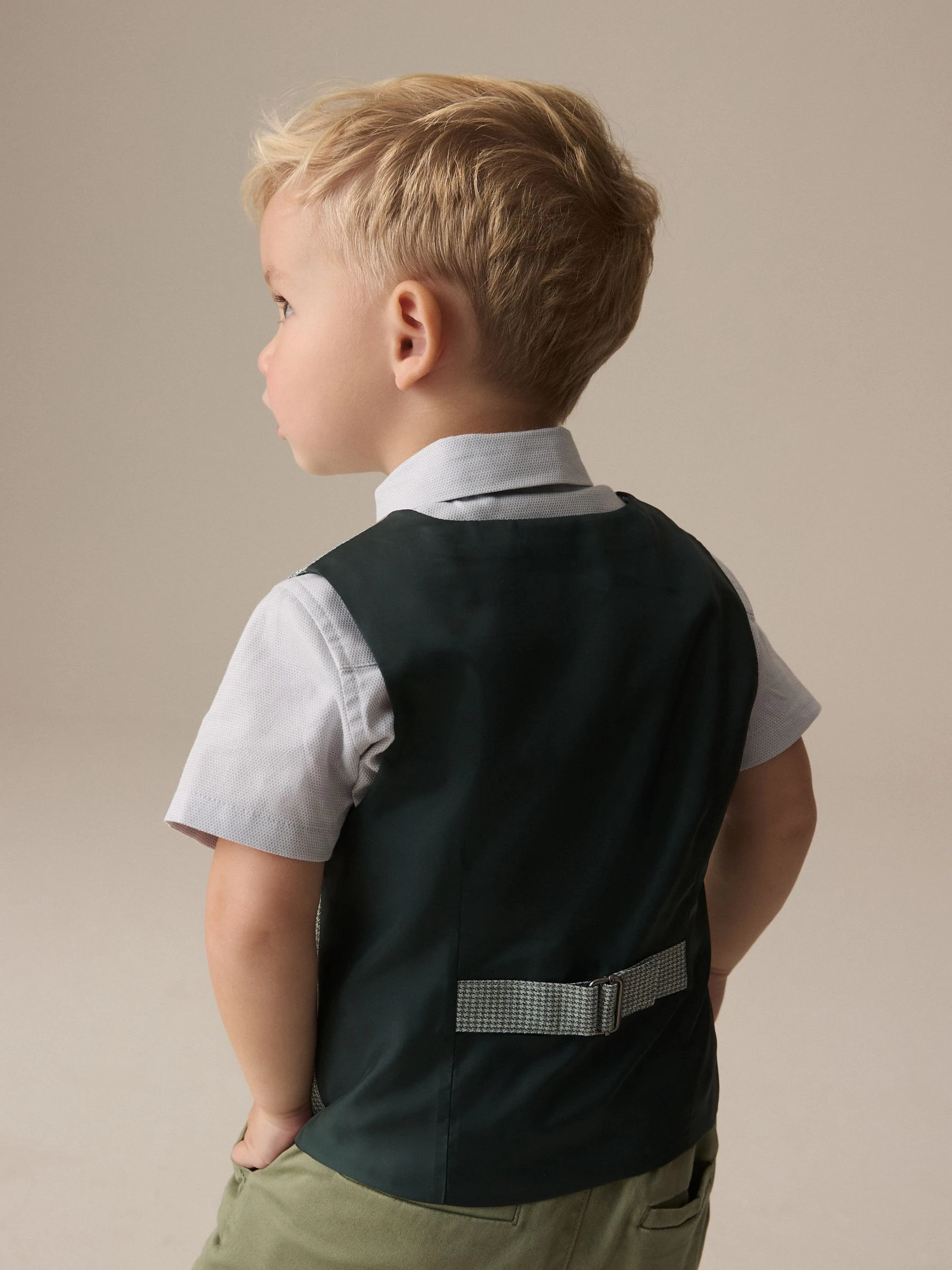 Sage Green Puppytooth - Set van gilet, hemd en vlinderdas (3mnd -9jr)